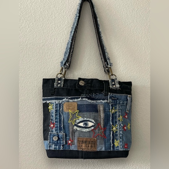 Denim patchwork shoulder bag-tote bag upcycled jeans boho bag - Picture 3 of 16